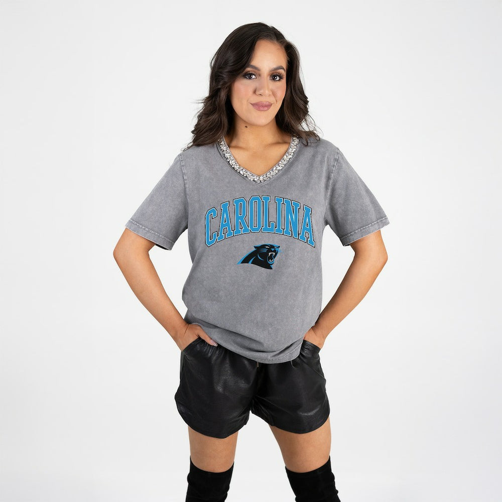 Carolina Panthers Gameday Couture Women's Relaxed Iconic Edge Rhinestone V-Neck T-Shirt - Gray T-shirts