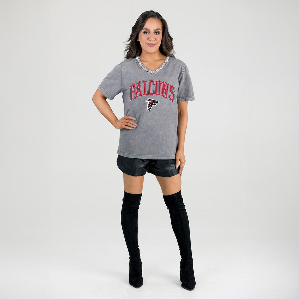 Atlanta Falcons Gameday Couture Women's Relaxed Iconic Edge Rhinestone V-Neck T-Shirt - Gray T-shirts