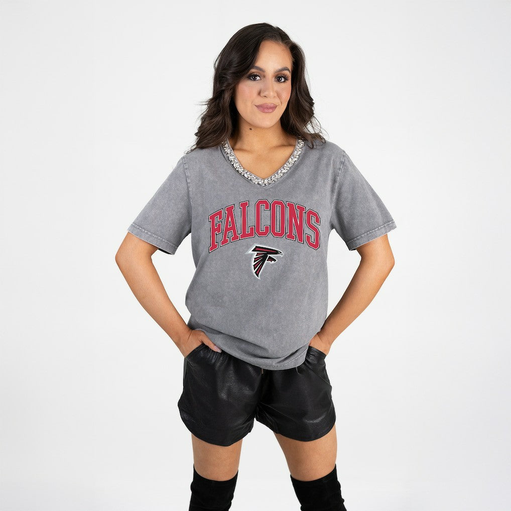 Atlanta Falcons Gameday Couture Women's Relaxed Iconic Edge Rhinestone V-Neck T-Shirt - Gray T-shirts