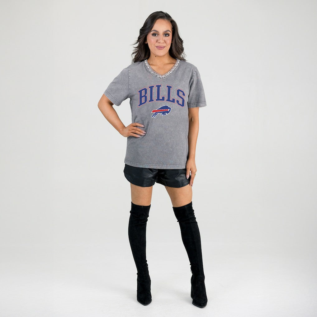 Buffalo Bills Gameday Couture Women's Relaxed Iconic Edge Rhinestone V-Neck T-Shirt - Gray T-shirts