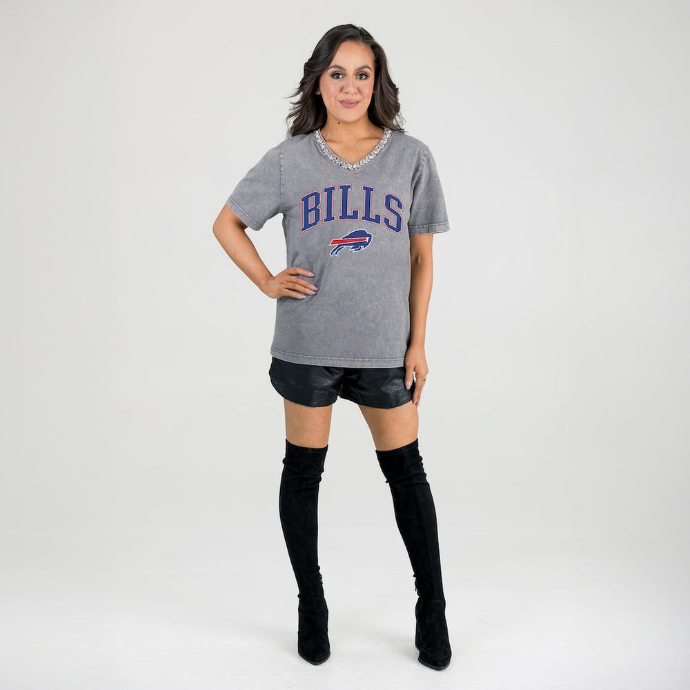 Buffalo Bills Gameday Couture Women's Relaxed Iconic Edge Rhinestone V-Neck T-Shirt - Gray T-shirts