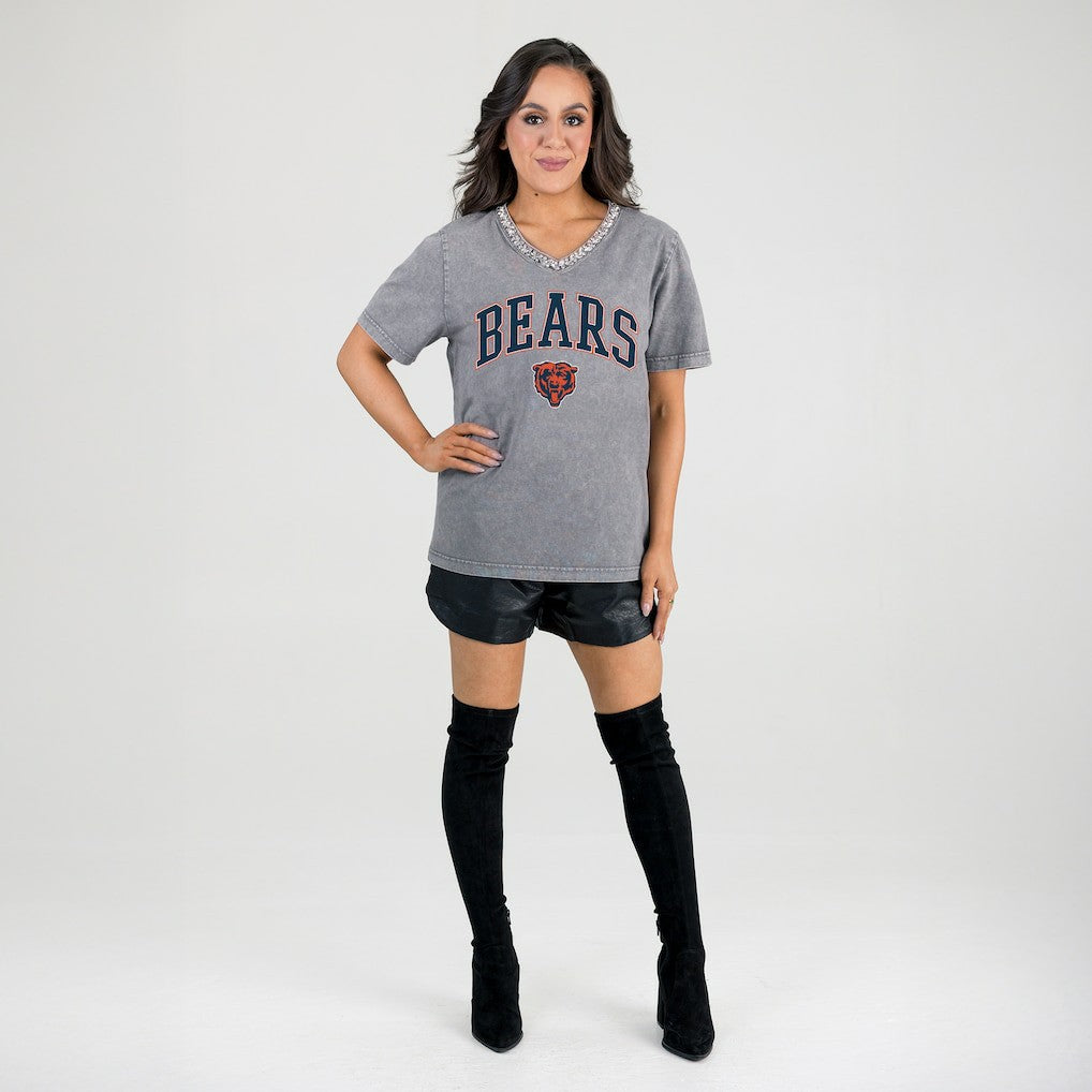 Chicago Bears Gameday Couture Women's Relaxed Iconic Edge Rhinestone V-Neck T-Shirt - Gray T-shirts