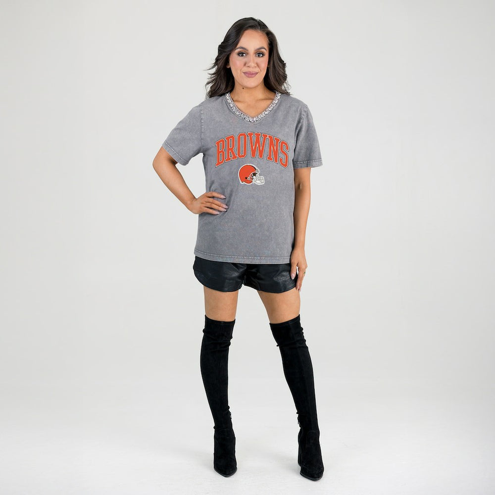 Cleveland Browns Gameday Couture Women's Relaxed Iconic Edge Rhinestone V-Neck T-Shirt - Gray T-shirts