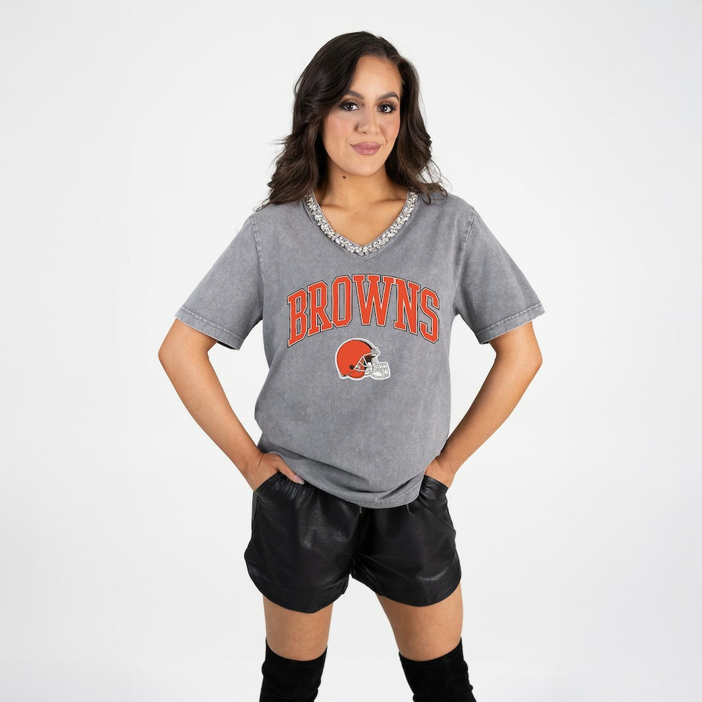 Cleveland Browns Gameday Couture Women's Relaxed Iconic Edge Rhinestone V-Neck T-Shirt - Gray T-shirts