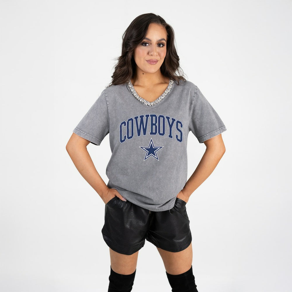 Dallas Cowboys Gameday Couture Women's Relaxed Iconic Edge Rhinestone V-Neck T-Shirt - Gray T-shirts