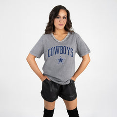 Dallas Cowboys Gameday Couture Women's Relaxed Iconic Edge Rhinestone V-Neck T-Shirt - Gray T-shirts