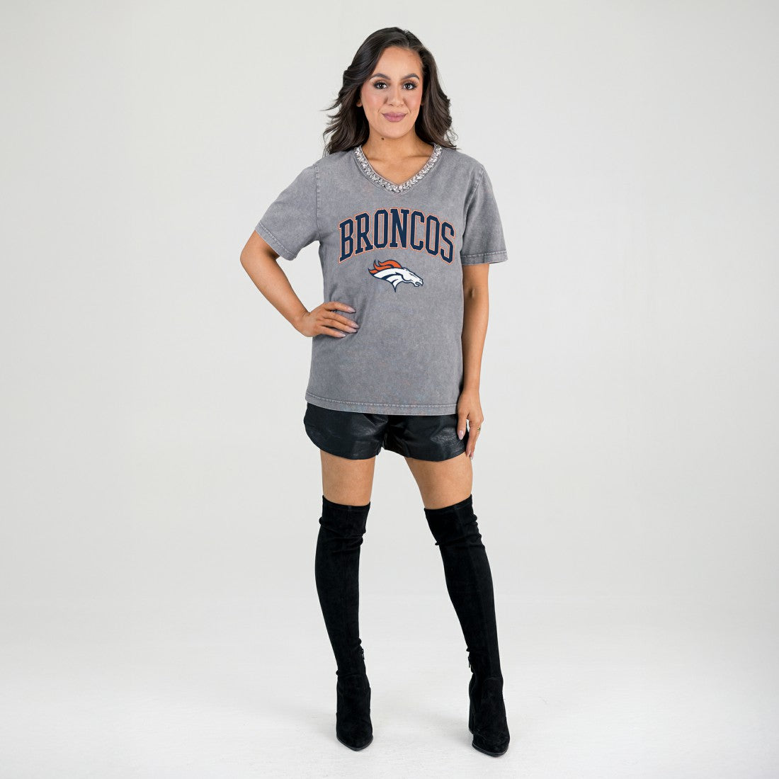 Denver Broncos Gameday Couture Women's Relaxed Iconic Edge Rhinestone V-Neck T-Shirt - Gray T-shirts