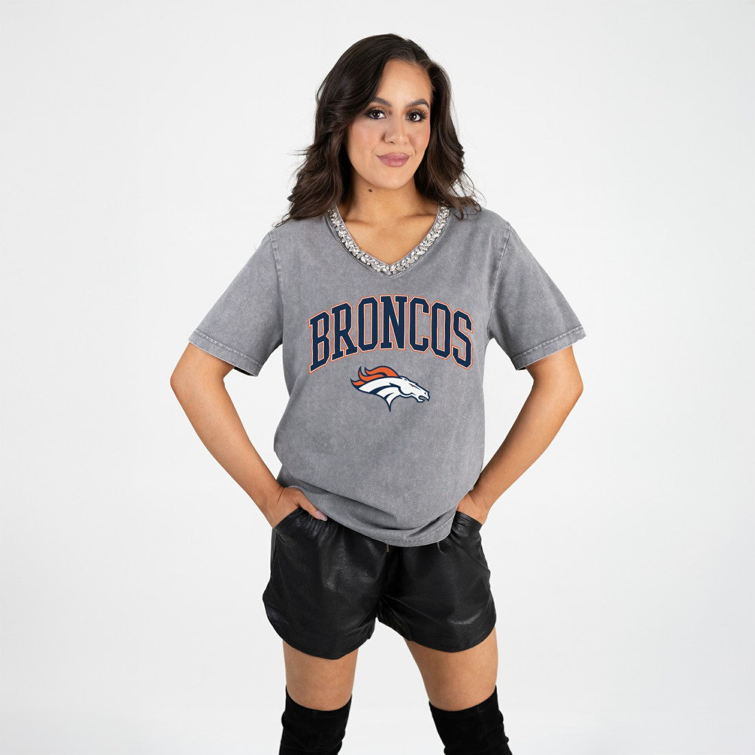 Denver Broncos Gameday Couture Women's Relaxed Iconic Edge Rhinestone V-Neck T-Shirt - Gray T-shirts
