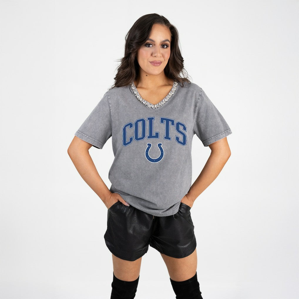Indianapolis Colts Gameday Couture Women's Relaxed Iconic Edge Rhinestone V-Neck T-Shirt - Gray T-shirts