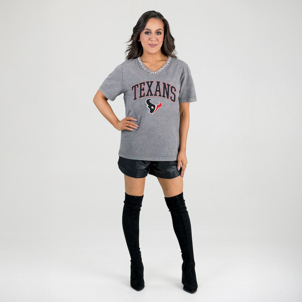 Houston Texans Gameday Couture Women's Relaxed Iconic Edge Rhinestone V-Neck T-Shirt - Gray T-shirts