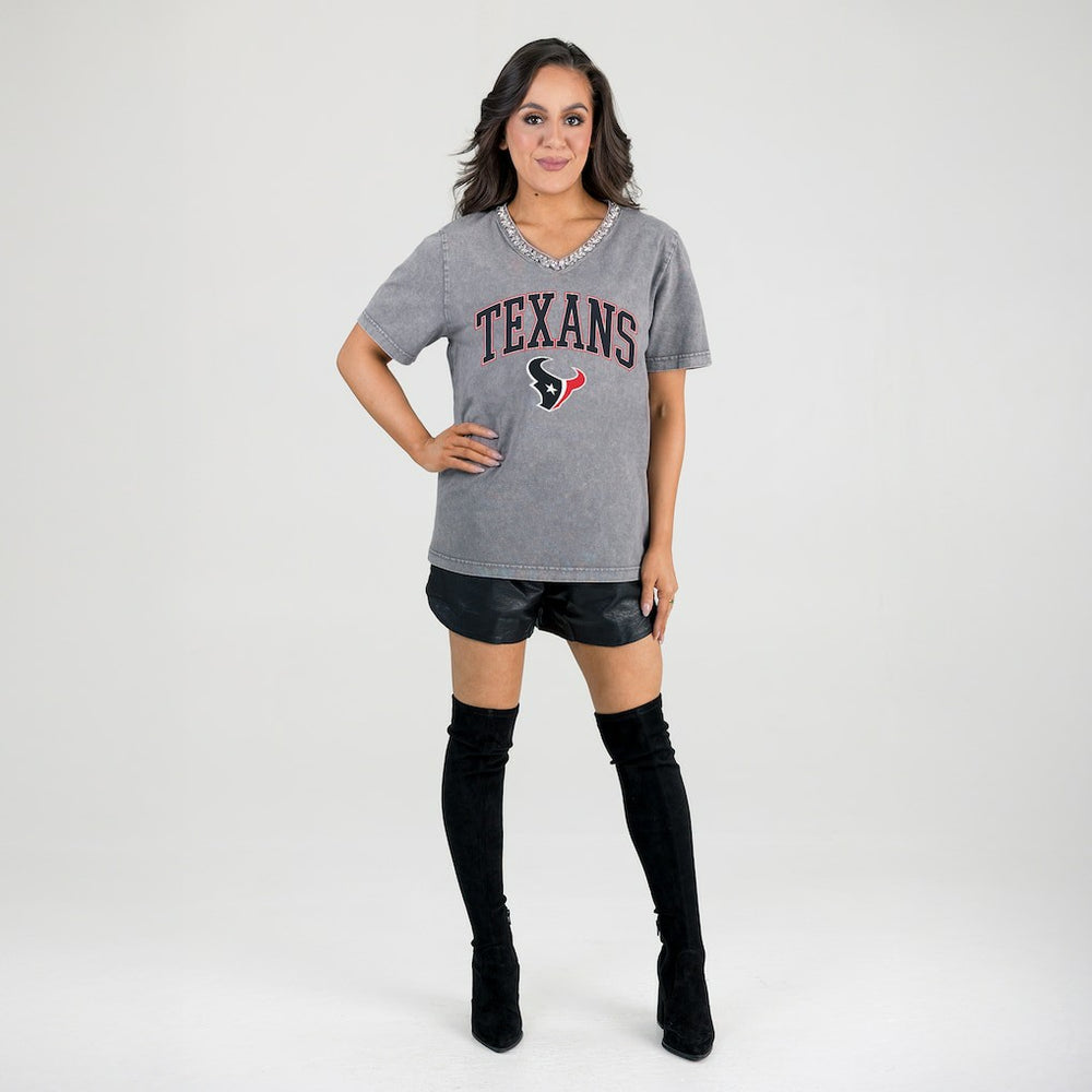 Houston Texans Gameday Couture Women's Relaxed Iconic Edge Rhinestone V-Neck T-Shirt - Gray T-shirts