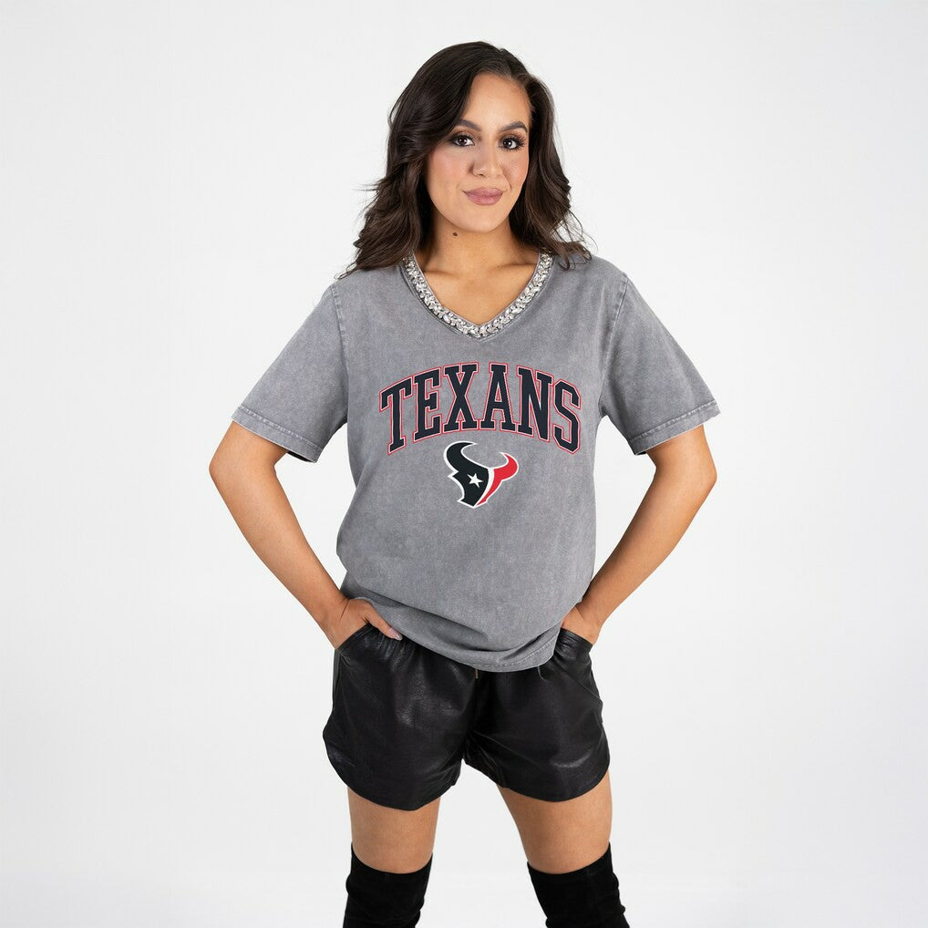 Houston Texans Gameday Couture Women's Relaxed Iconic Edge Rhinestone V-Neck T-Shirt - Gray T-shirts