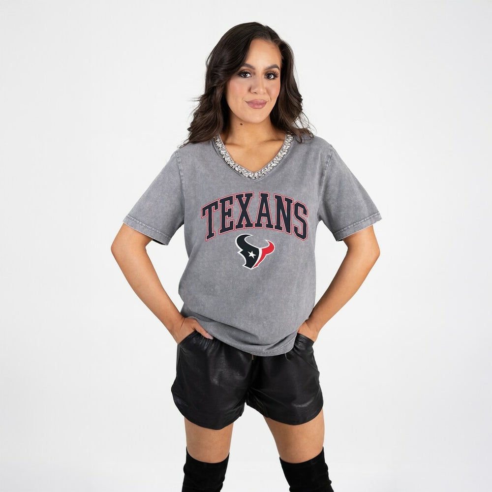 Houston Texans Gameday Couture Women's Relaxed Iconic Edge Rhinestone V-Neck T-Shirt - Gray T-shirts