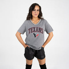 Houston Texans Gameday Couture Women's Relaxed Iconic Edge Rhinestone V-Neck T-Shirt - Gray T-shirts
