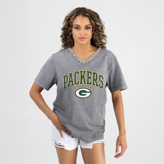 Green Bay Packers Gameday Couture Women's Relaxed Iconic Edge Rhinestone V-Neck T-Shirt - Gray T-shirts