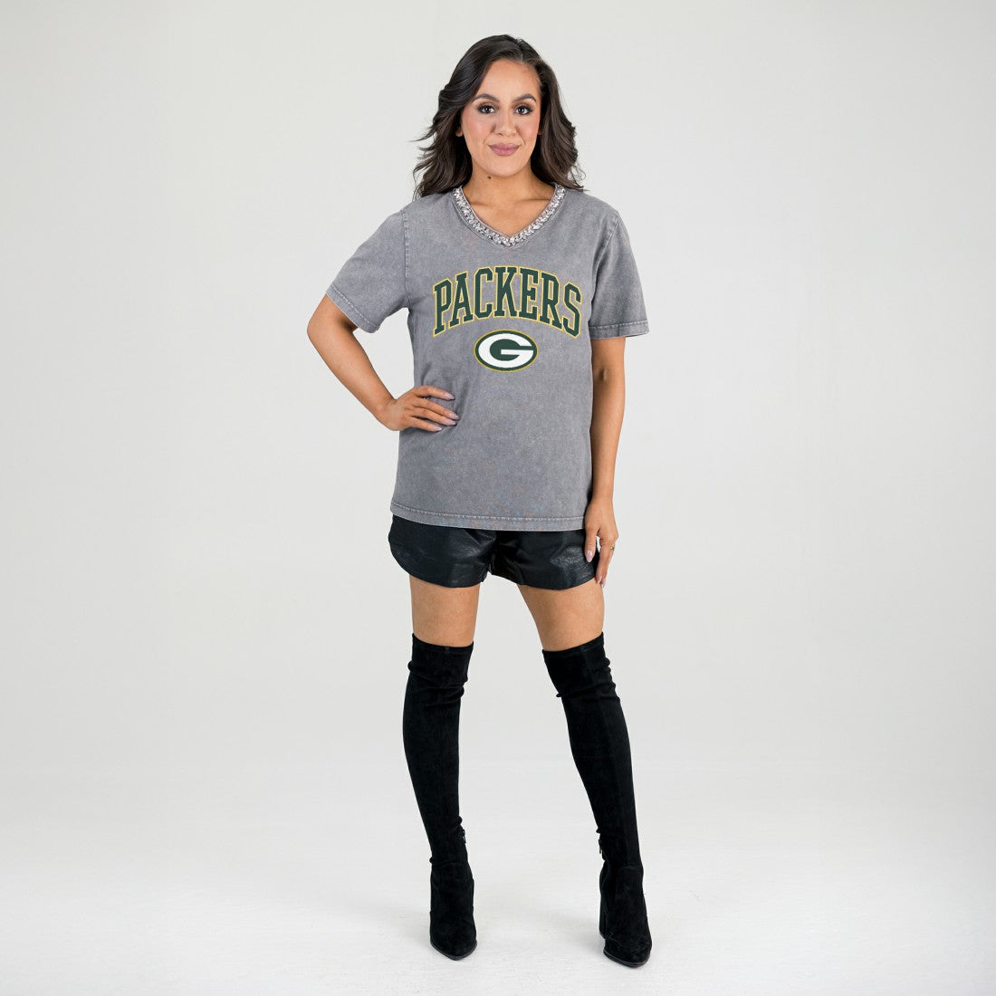 Green Bay Packers Gameday Couture Women's Relaxed Iconic Edge Rhinestone V-Neck T-Shirt - Gray T-shirts