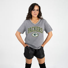 Green Bay Packers Gameday Couture Women's Relaxed Iconic Edge Rhinestone V-Neck T-Shirt - Gray T-shirts