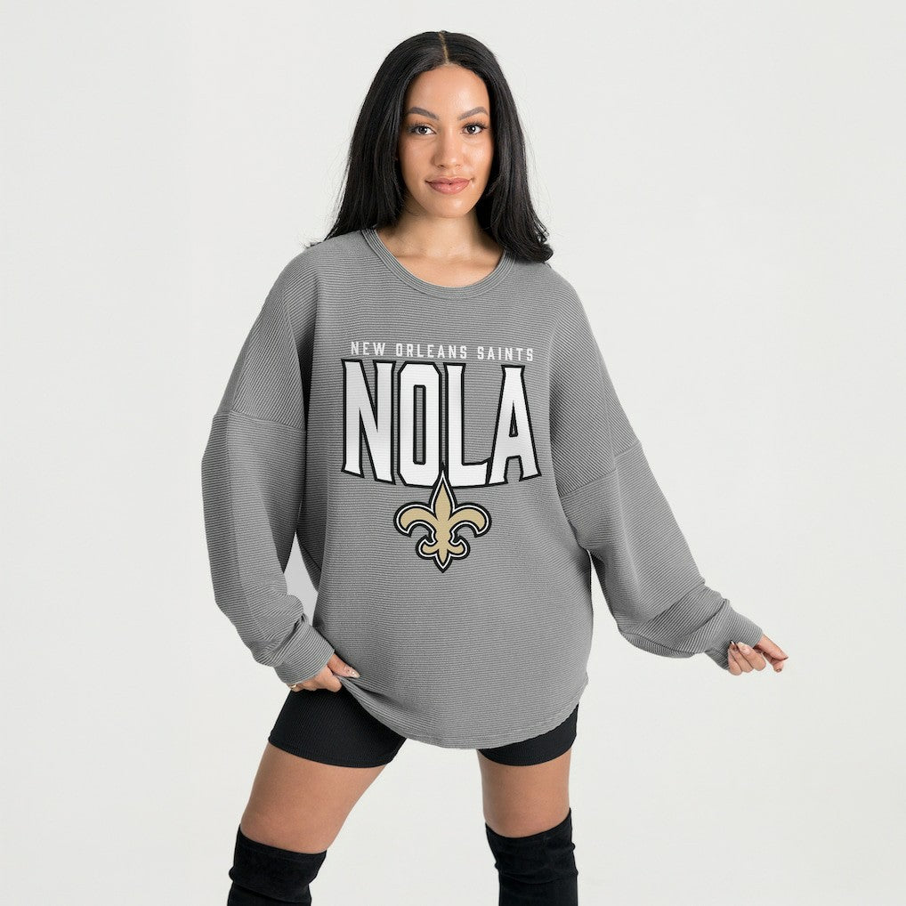 New Orleans Saints Gameday Couture Women's Oversized Pure Motion Corded Sweatshirt - Gray Sweatshirts