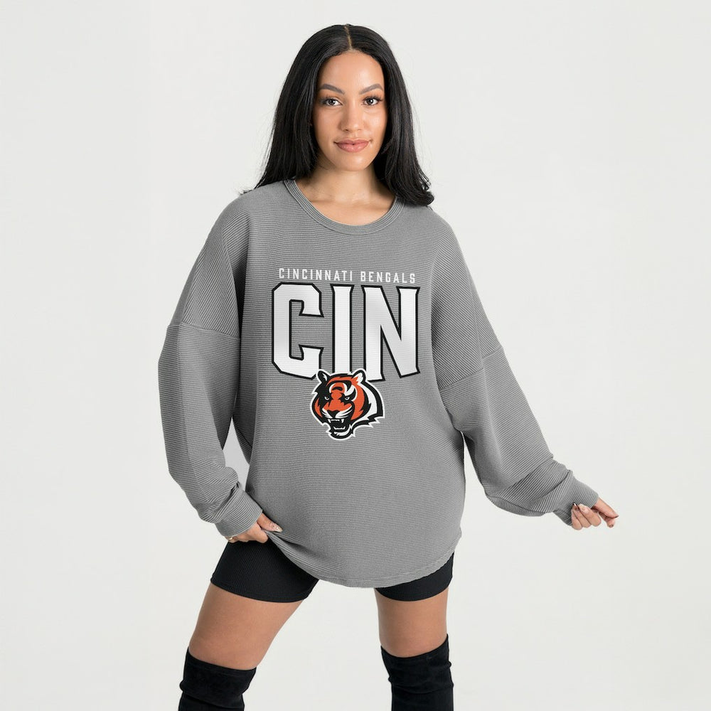 Cincinnati Bengals Gameday Couture Women's Oversized Pure Motion Corded Sweatshirt - Gray Sweatshirts