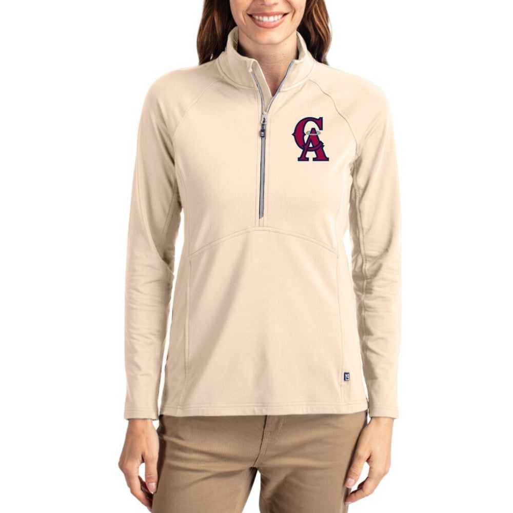 Los Angeles Angels Cutter & Buck Women's Cooperstown Collection Adapt Eco Knit Stretch Half-Zip Pullover - Tan Pullover