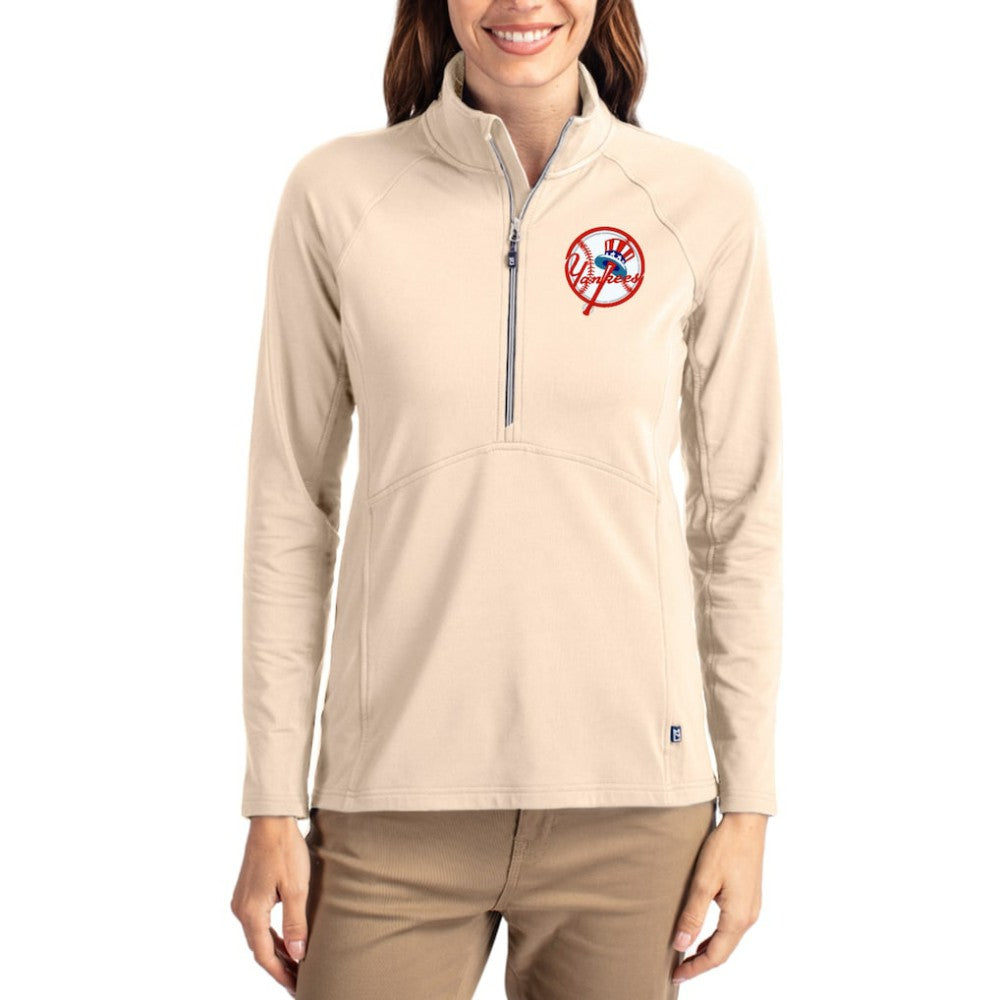 New York Yankees Cutter & Buck Women's Cooperstown Collection Adapt Eco Knit Stretch Half-Zip Pullover - Tan Pullover