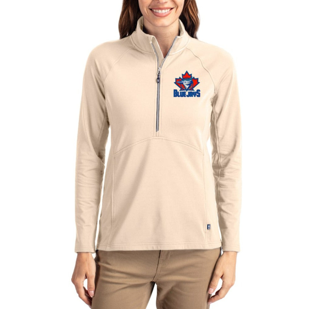 Toronto Blue Jays Cutter & Buck Women's Cooperstown Collection Adapt Eco Knit Stretch Half-Zip Pullover - Tan Pullover