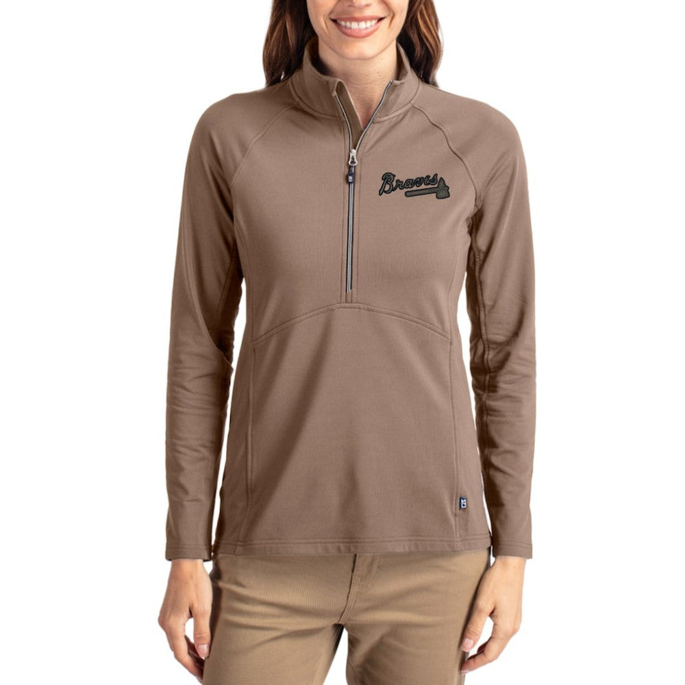 Atlanta Braves Cutter & Buck Women's Adapt Eco Knit Stretch Half-Zip Pullover - Brown Pullover