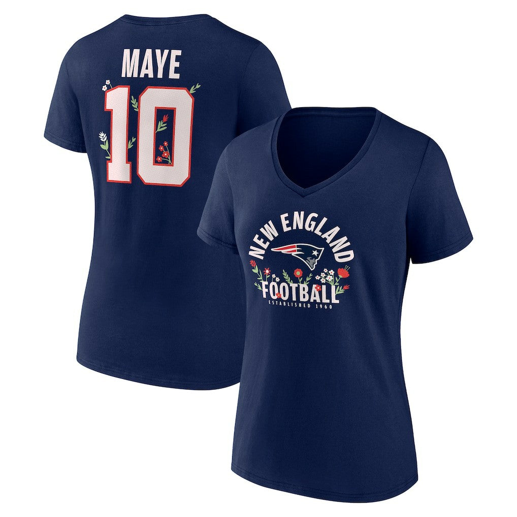Drake Maye New England Patriots Women's Floral Name & Number V-Neck T-Shirt - Navy T-shirts