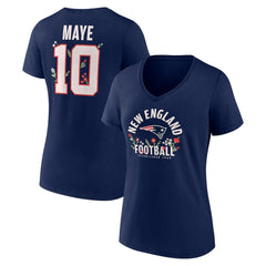 Drake Maye New England Patriots Women's Floral Name & Number V-Neck T-Shirt - Navy T-shirts