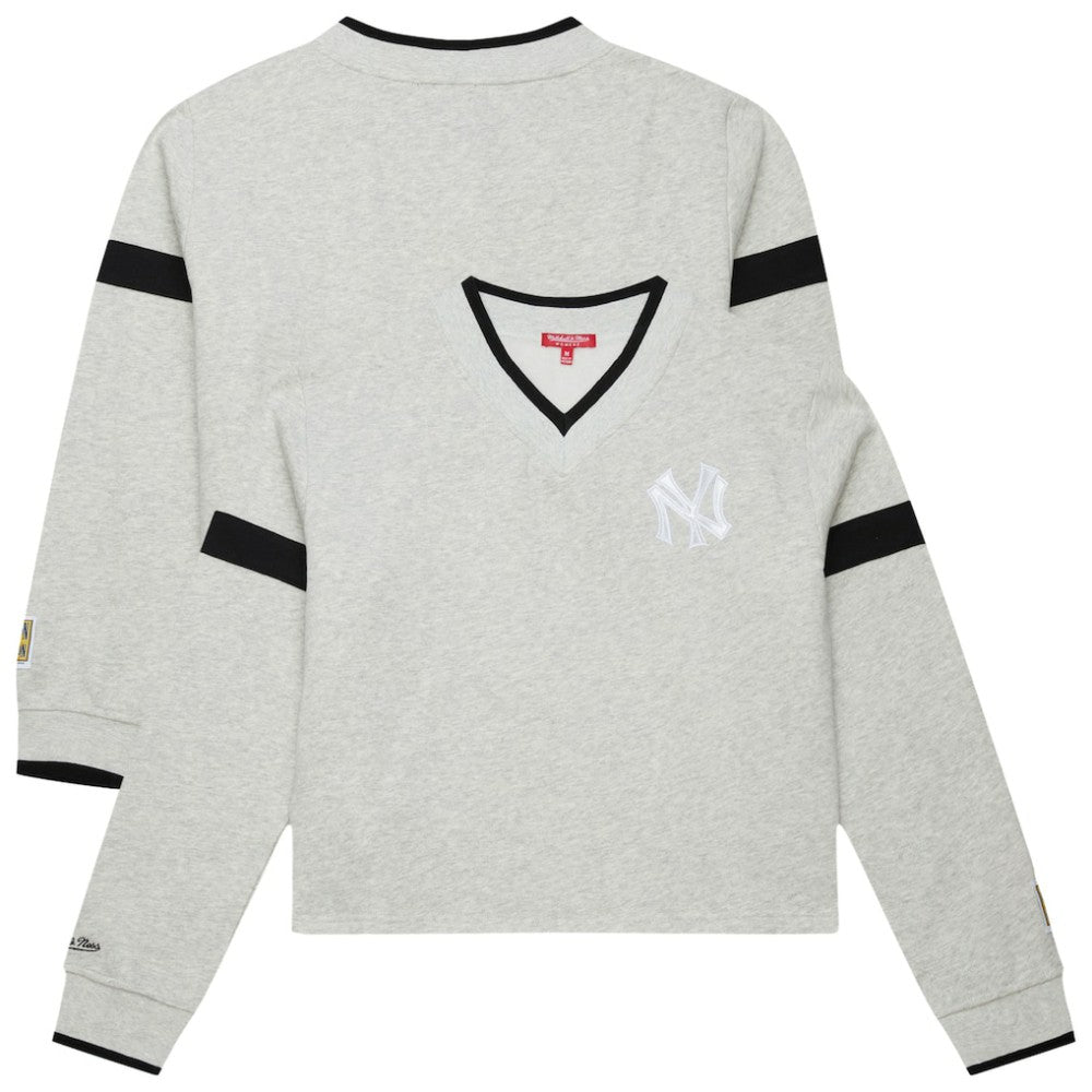 New York Yankees Mitchell & Ness Women's Cooperstown Collection V-Neck Cropped Toggle Sweatshirt - Heather Gray Sweatshirts