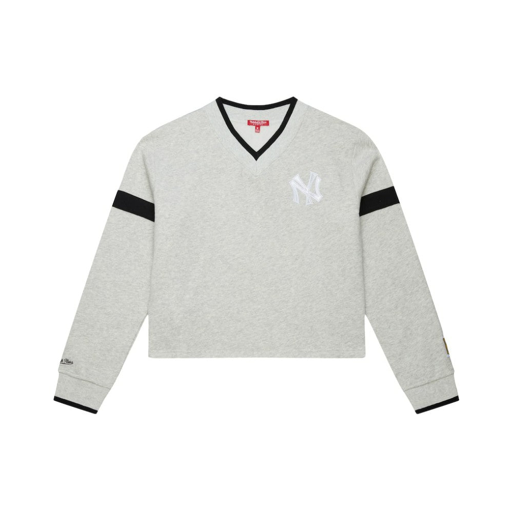 New York Yankees Mitchell & Ness Women's Cooperstown Collection V-Neck Cropped Toggle Sweatshirt - Heather Gray Sweatshirts