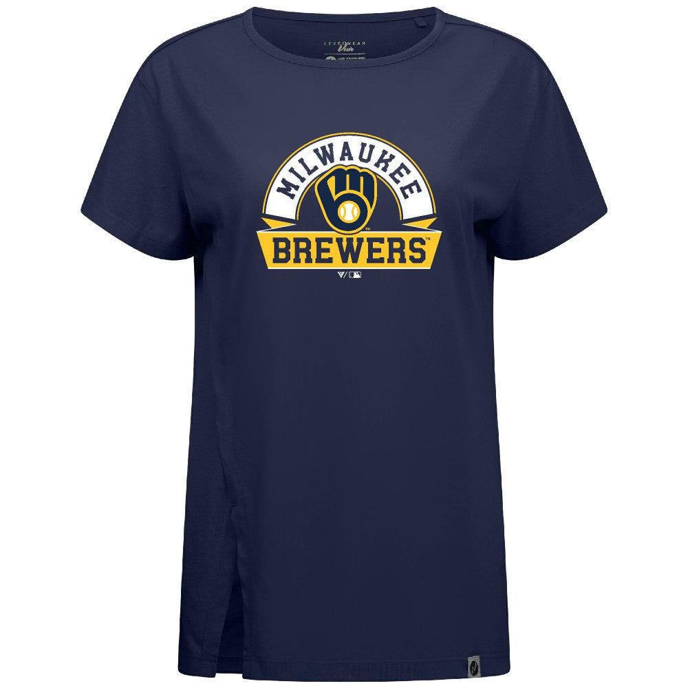 Milwaukee Brewers Levelwear Women's Influx Banner Arch T-Shirt - Navy T-shirts