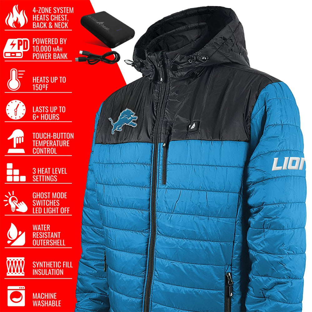 Detroit Lions ActionHeat 5V Battery Heated Colorblock Full-Zip Puffer Jacket - Black/Blue Jackets