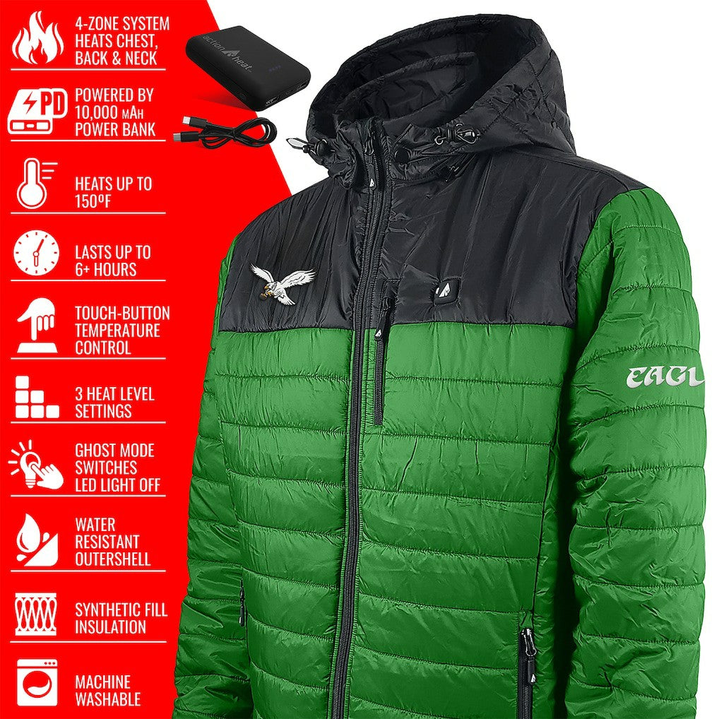 Philadelphia Eagles ActionHeat 5V Battery Heated Colorblock Full-Zip Puffer Jacket - Black/Kelly Green Jackets