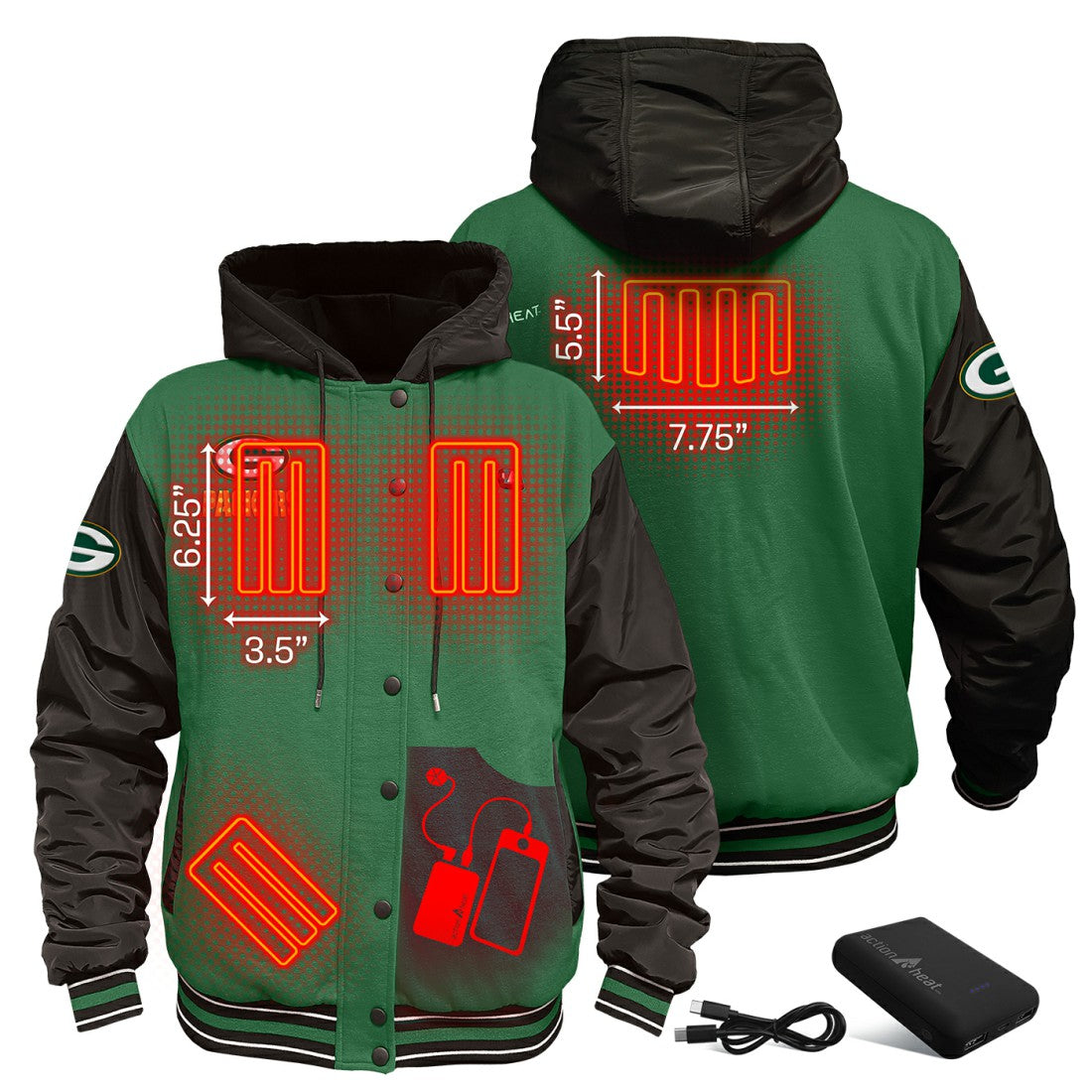 Green Bay Packers ActionHeat 5V Battery Heated Full-Snap Varsity Jacket - Green/Black Jackets