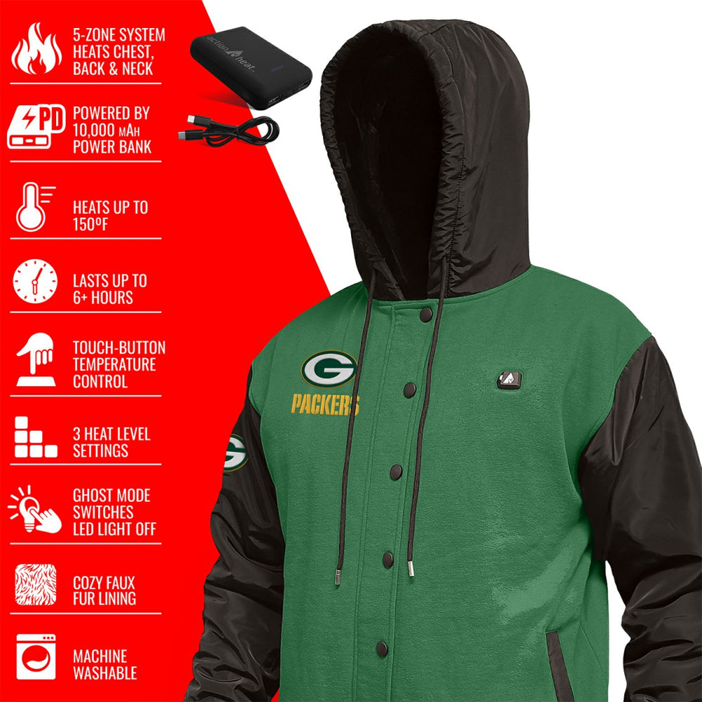 Green Bay Packers ActionHeat 5V Battery Heated Full-Snap Varsity Jacket - Green/Black Jackets