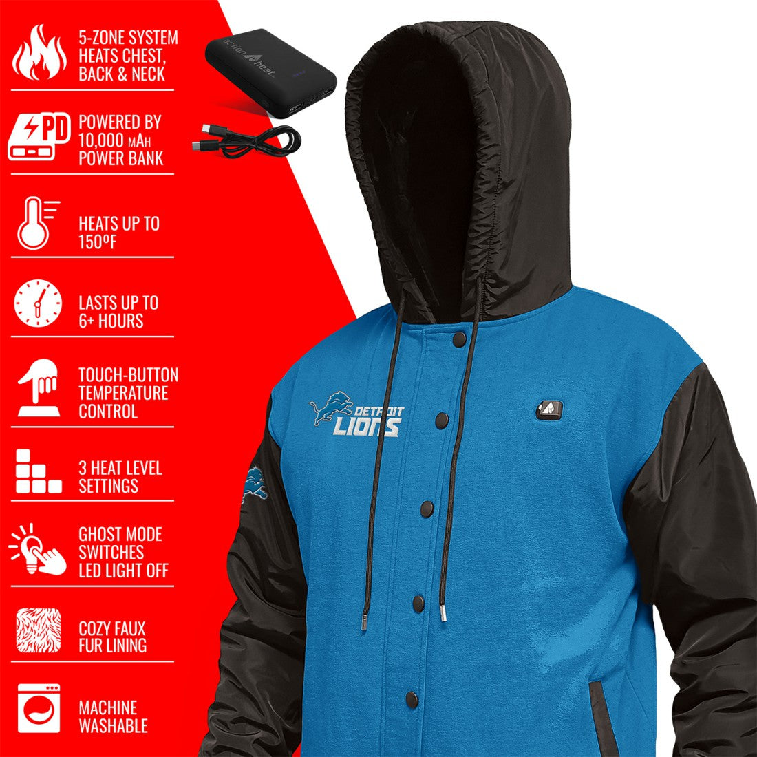 Detroit Lions ActionHeat 5V Battery Heated Full-Snap Varsity Jacket - Blue/Black Jackets