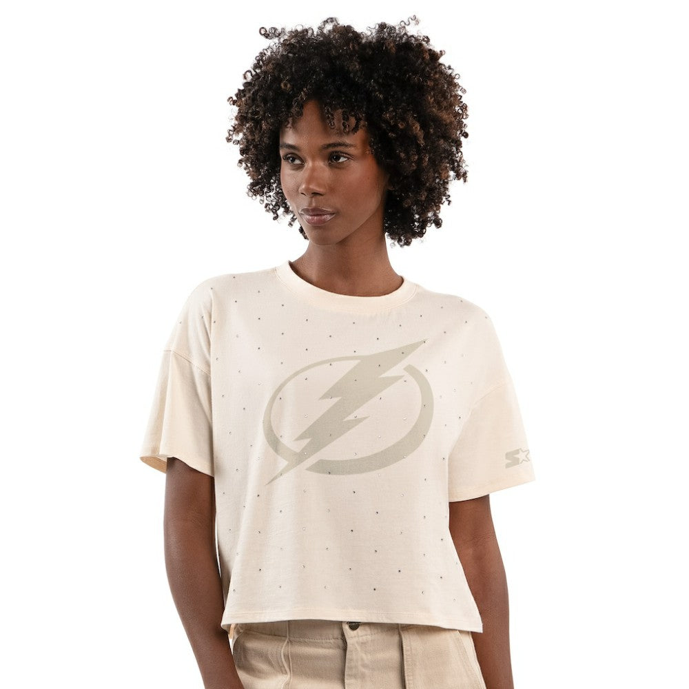 Tampa Bay Lightning Starter Women's Rhinestone Sprinkle Boxy Cropped T-Shirt - Cream | US 203437505