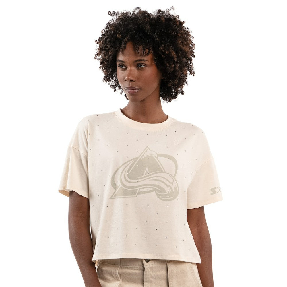 Colorado Avalanche Starter Women's Rhinestone Sprinkle Boxy Cropped T-Shirt - Cream | US 203437507