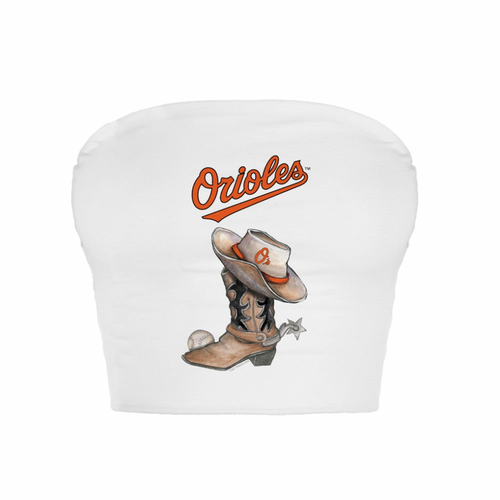Baltimore Orioles Tiny Turnip Women's Cowboy Boot Crop Tube Top - White Tops