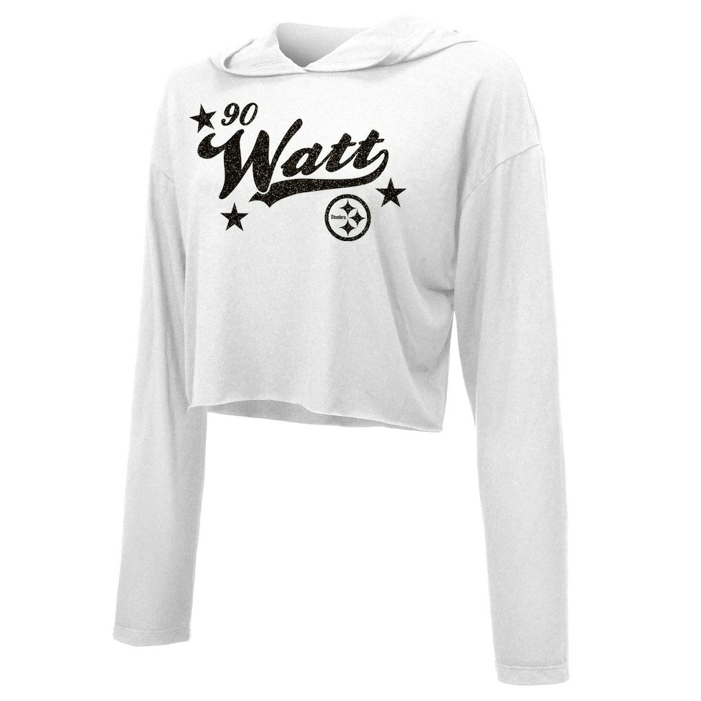 T.J. Watt Pittsburgh Steelers Majestic Threads Women's Glitter Wordmark Hoodie - White Hoodies