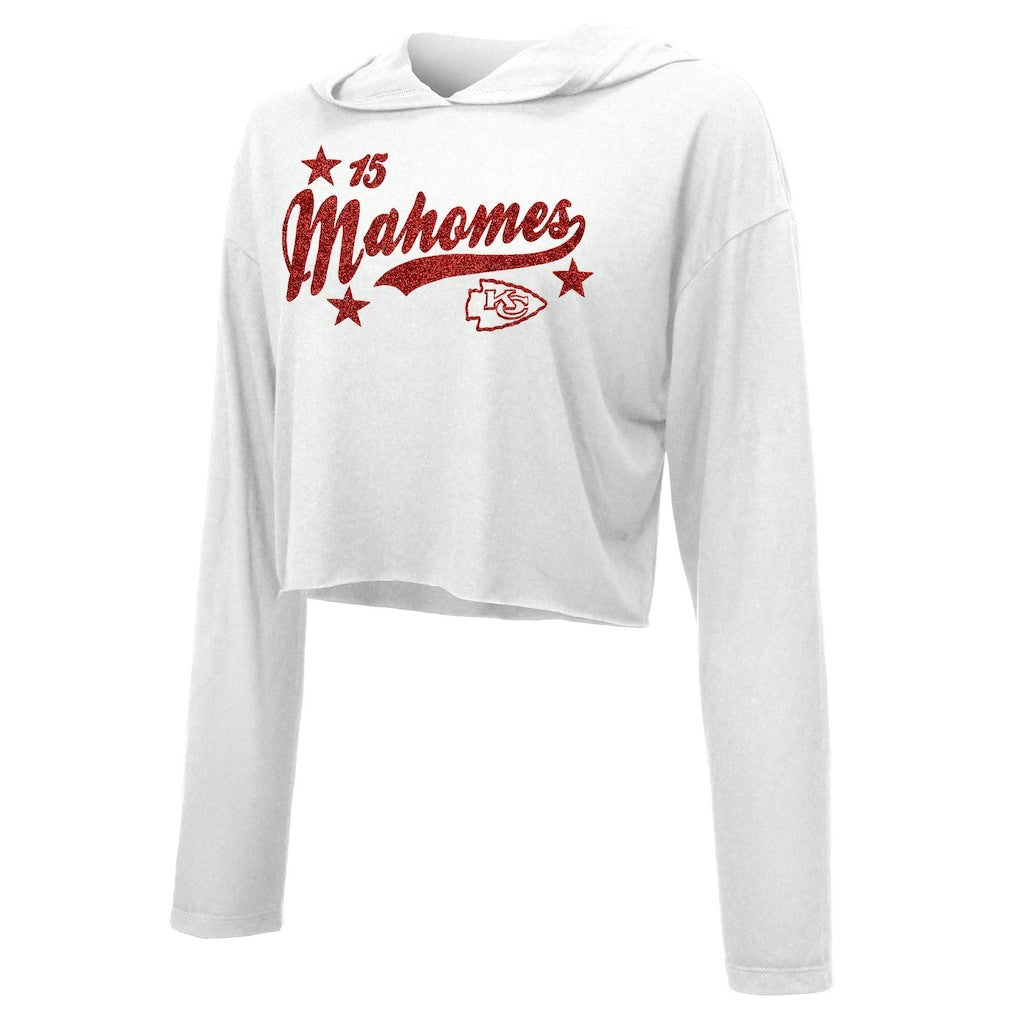 Patrick Mahomes Kansas City Chiefs Majestic Threads Women's Glitter Wordmark Hoodie - White Hoodies