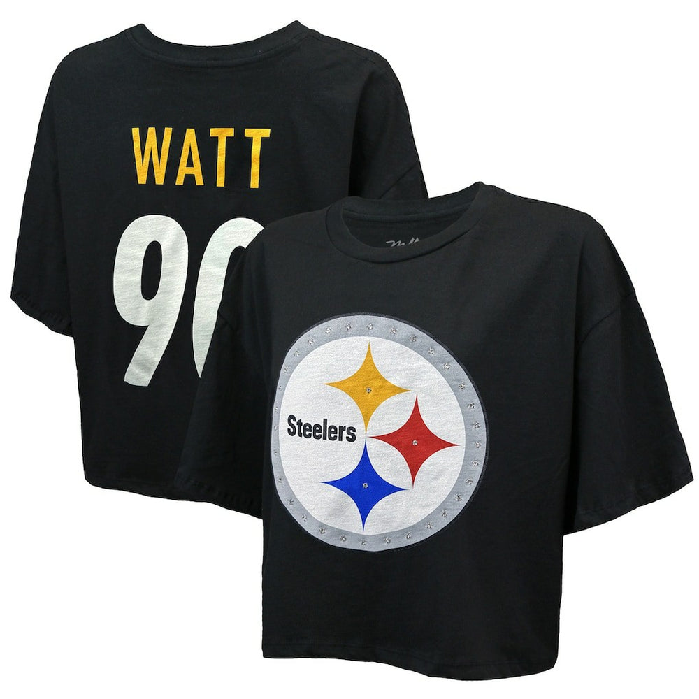 T.J. Watt Pittsburgh Steelers Majestic Threads Women's Swarovski Crystals Boxy Cropped Name & Number T-Shirt - Black T-shirts