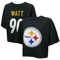 T.J. Watt Pittsburgh Steelers Majestic Threads Women's Swarovski Crystals Boxy Cropped Name & Number T-Shirt - Black T-shirts