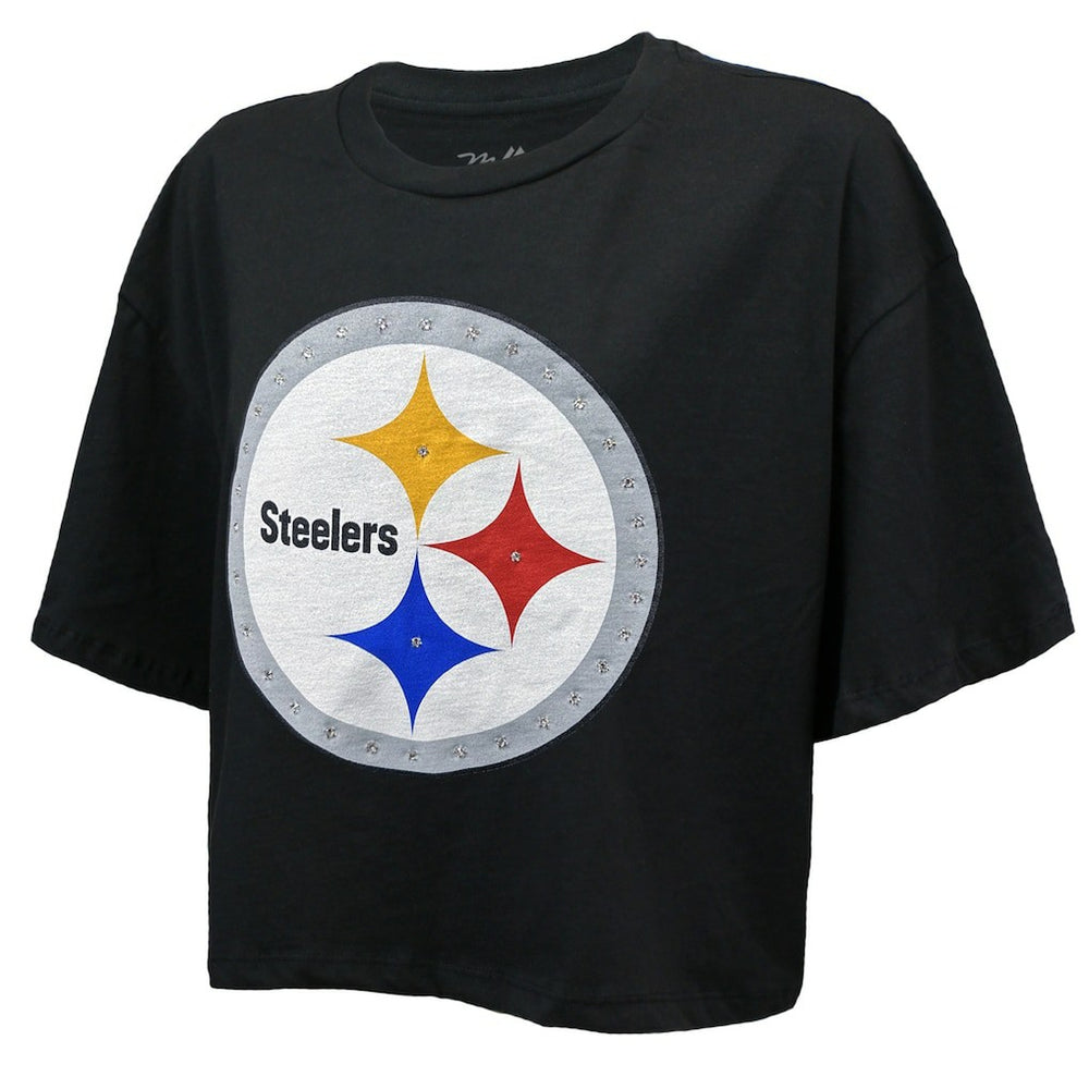T.J. Watt Pittsburgh Steelers Majestic Threads Women's Swarovski Crystals Boxy Cropped Name & Number T-Shirt - Black T-shirts