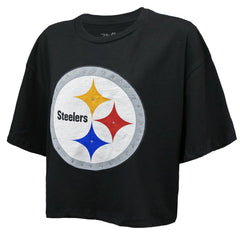 T.J. Watt Pittsburgh Steelers Majestic Threads Women's Swarovski Crystals Boxy Cropped Name & Number T-Shirt - Black T-shirts