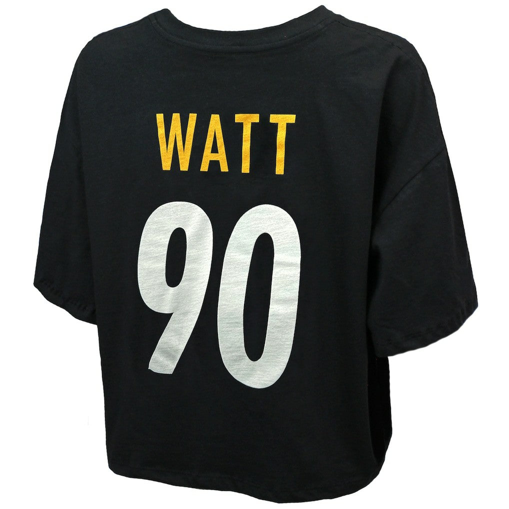 T.J. Watt Pittsburgh Steelers Majestic Threads Women's Swarovski Crystals Boxy Cropped Name & Number T-Shirt - Black T-shirts
