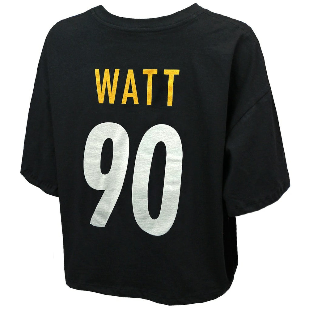 T.J. Watt Pittsburgh Steelers Majestic Threads Women's Swarovski Crystals Boxy Cropped Name & Number T-Shirt - Black T-shirts