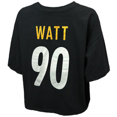 T.J. Watt Pittsburgh Steelers Majestic Threads Women's Swarovski Crystals Boxy Cropped Name & Number T-Shirt - Black T-shirts