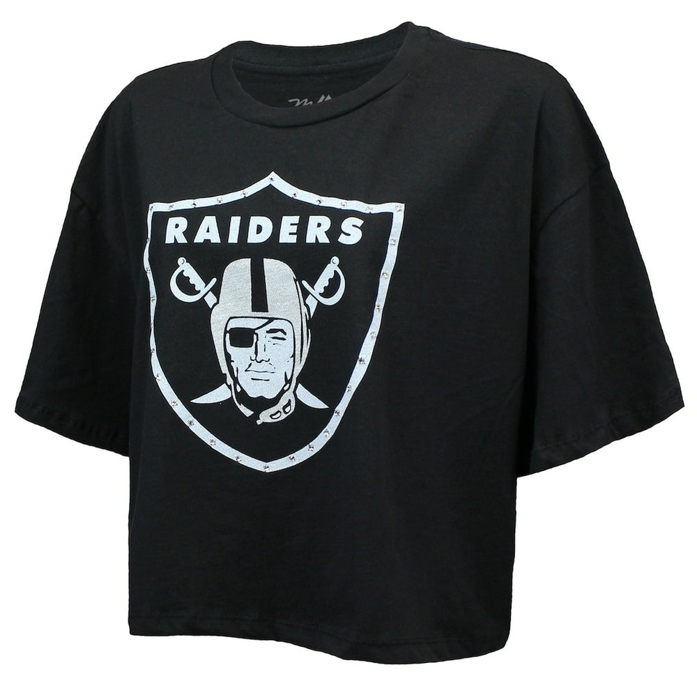 Maxx Crosby Las Vegas Raiders Majestic Threads Women's Swarovski Crystals Boxy Cropped Name & Number T-Shirt - Black T-shirts